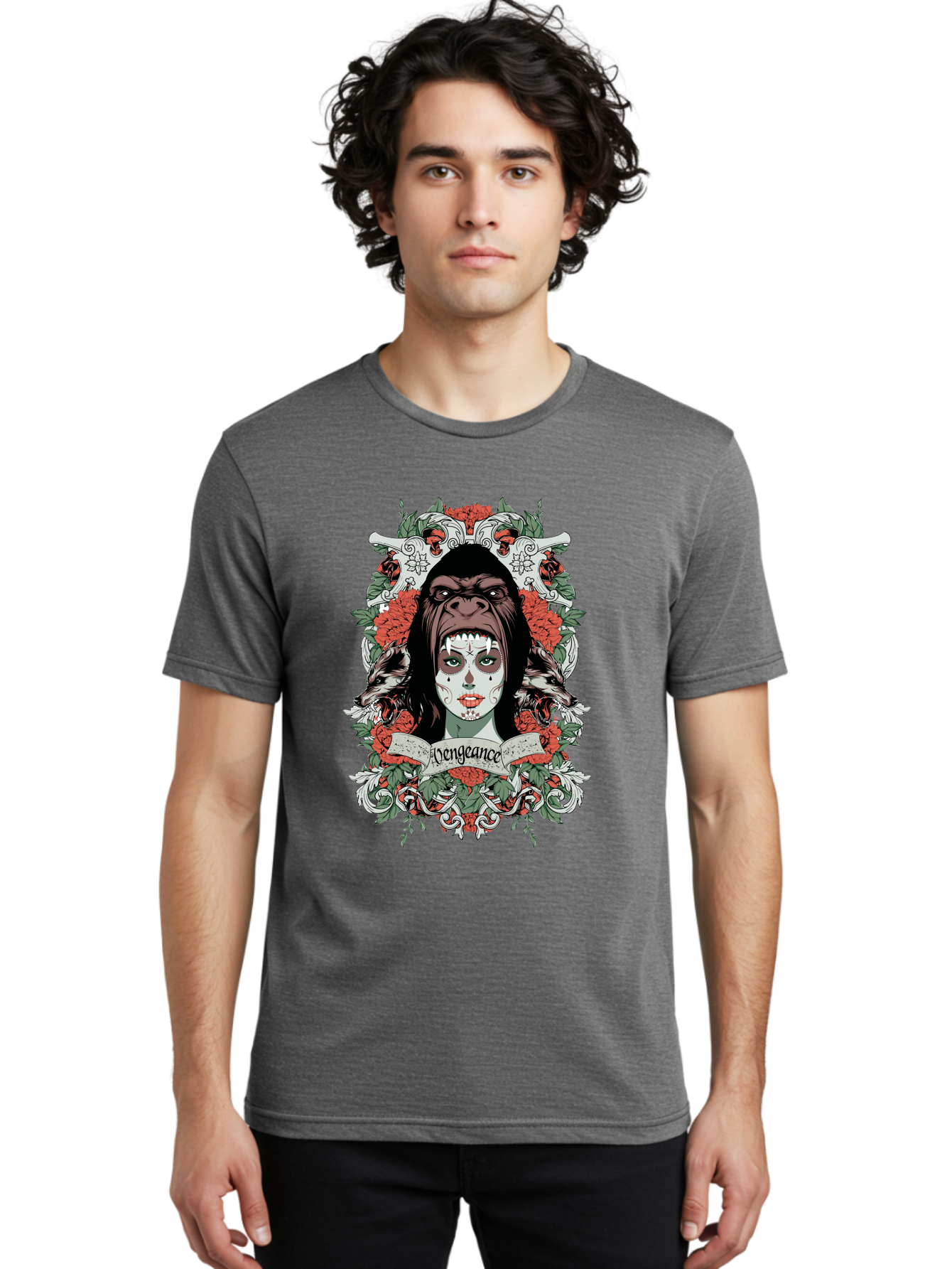 Vengeance Queen Men'S Graphic Tee, 100% Cotton, Comfortable Casual Summer Wear, Machine Washable, Gorilla Mask, Sugar Skull Design, Floral Wreath, Red Roses, Vengeance Banner, Crossbones, Gothic Style, Tattoo Art, Dark Illustration Aae769