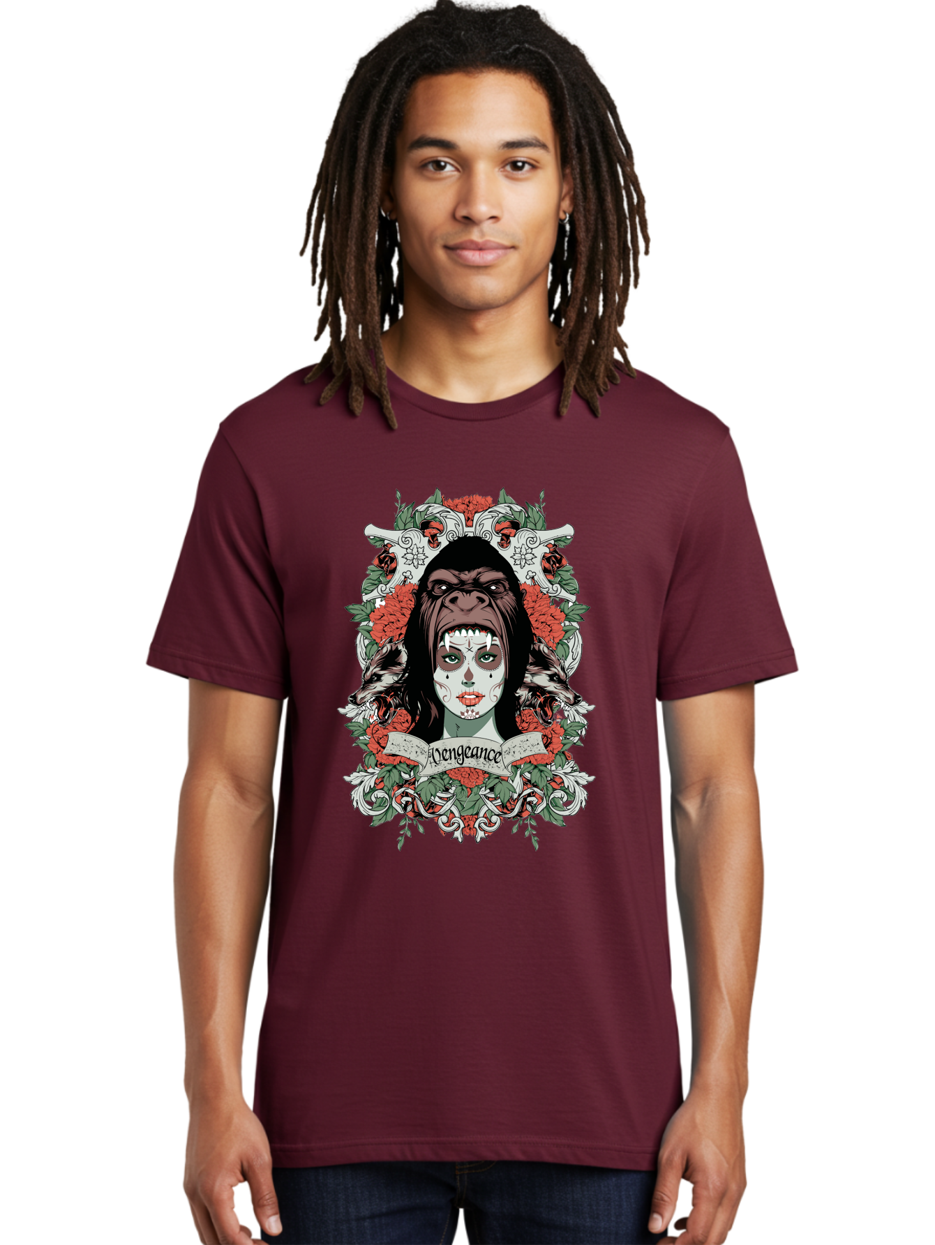 Vengeance Queen Men'S Graphic Tee, 100% Cotton, Comfortable Casual Summer Wear, Machine Washable, Gorilla Mask, Sugar Skull Design, Floral Wreath, Red Roses, Vengeance Banner, Crossbones, Gothic Style, Tattoo Art, Dark Illustration Aae769