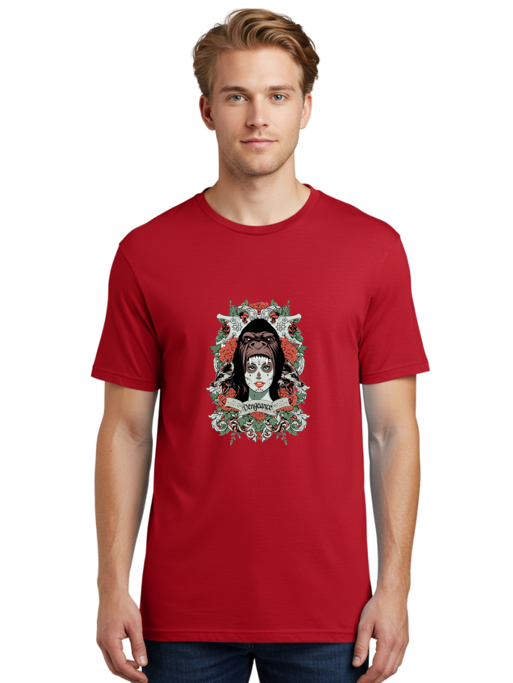 Vengeance Queen Men'S Graphic Tee, 100% Cotton, Comfortable Casual Summer Wear, Machine Washable, Gorilla Mask, Sugar Skull Design, Floral Wreath, Red Roses, Vengeance Banner, Crossbones, Gothic Style, Tattoo Art, Dark Illustration Aae769
