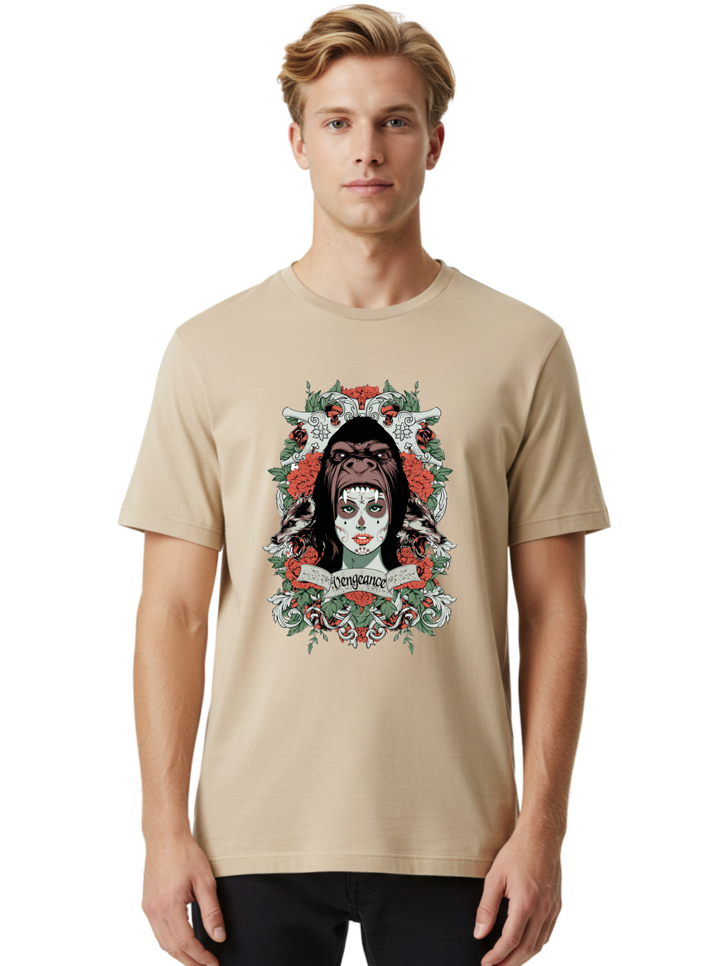 Vengeance Queen Men'S Graphic Tee, 100% Cotton, Comfortable Casual Summer Wear, Machine Washable, Gorilla Mask, Sugar Skull Design, Floral Wreath, Red Roses, Vengeance Banner, Crossbones, Gothic Style, Tattoo Art, Dark Illustration Aae769