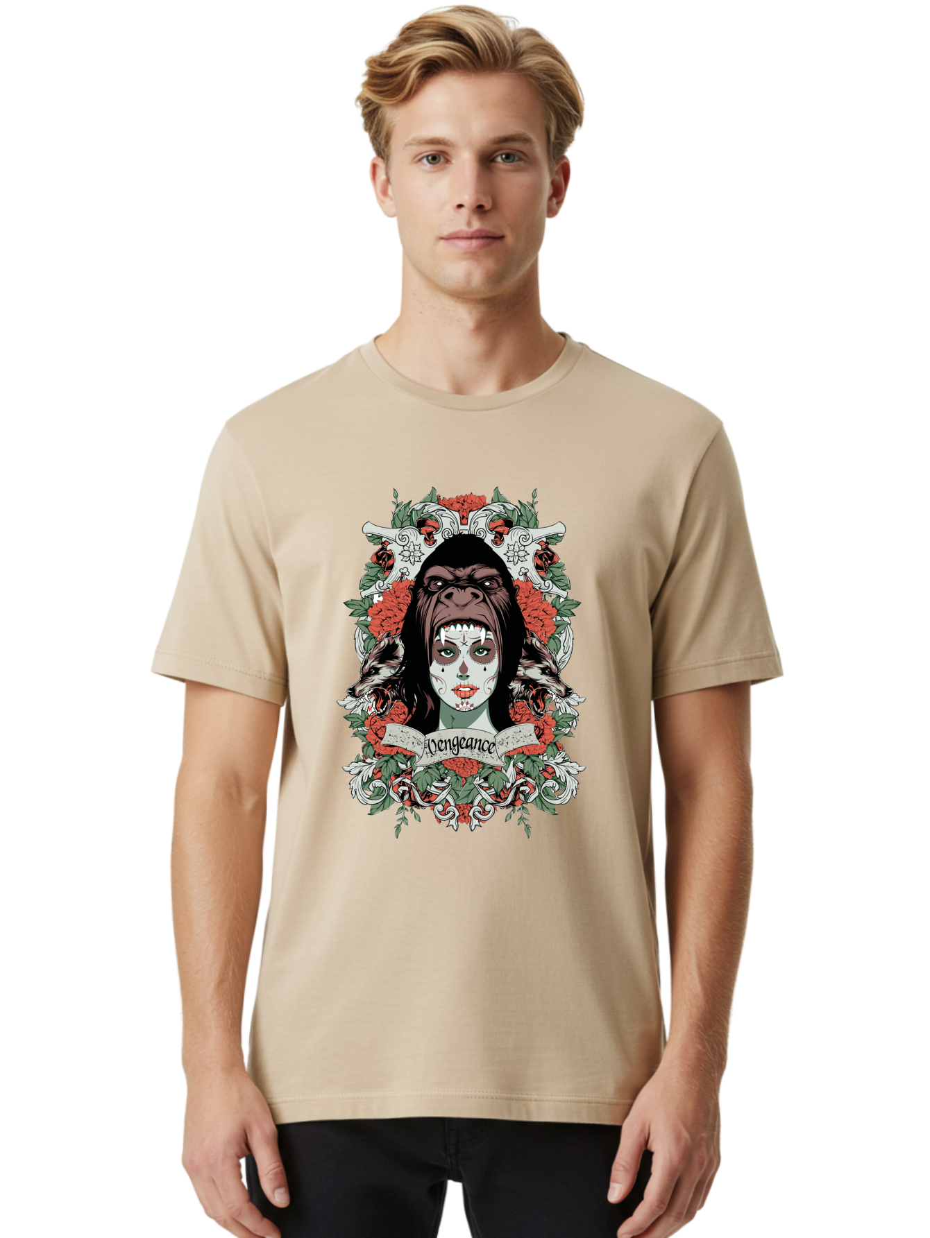 Vengeance Queen Men'S Graphic Tee, 100% Cotton, Comfortable Casual Summer Wear, Machine Washable, Gorilla Mask, Sugar Skull Design, Floral Wreath, Red Roses, Vengeance Banner, Crossbones, Gothic Style, Tattoo Art, Dark Illustration Aae769