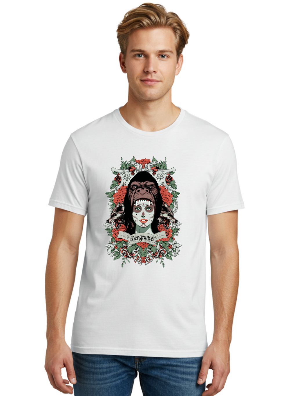 Vengeance Queen Men'S Graphic Tee, 100% Cotton, Comfortable Casual Summer Wear, Machine Washable, Gorilla Mask, Sugar Skull Design, Floral Wreath, Red Roses, Vengeance Banner, Crossbones, Gothic Style, Tattoo Art, Dark Illustration Aae769