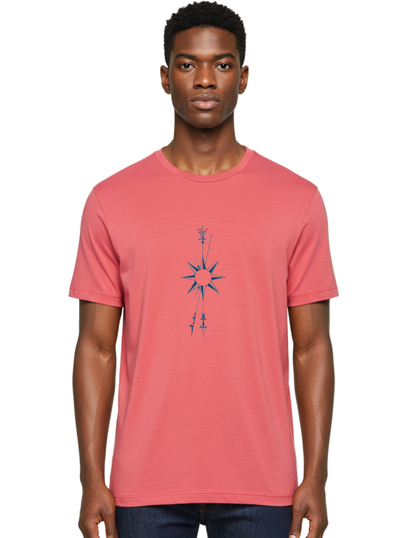 Vertical Compass Rose Men'S Graphic Tee, 100% Cotton, Comfortable Casual Summer Wear, Machine Washable, Stylish Star Emblem, Symmetrical Design, Floral Pattern, Modern Graphics, Abstract Art, Decorative Elements, Minimalist Style Aae771