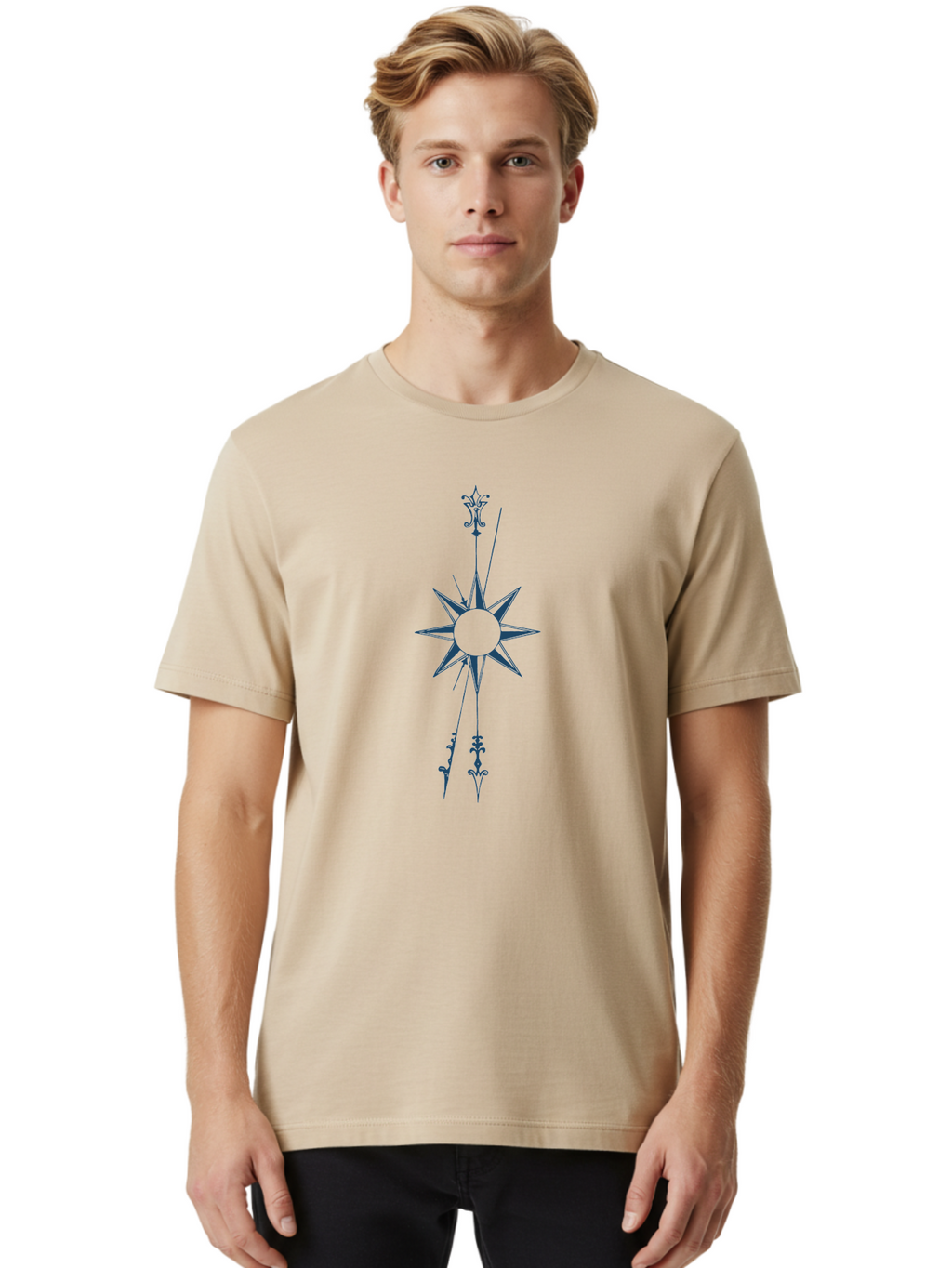 Vertical Compass Rose Men'S Graphic Tee, 100% Cotton, Comfortable Casual Summer Wear, Machine Washable, Stylish Star Emblem, Symmetrical Design, Floral Pattern, Modern Graphics, Abstract Art, Decorative Elements, Minimalist Style Aae771