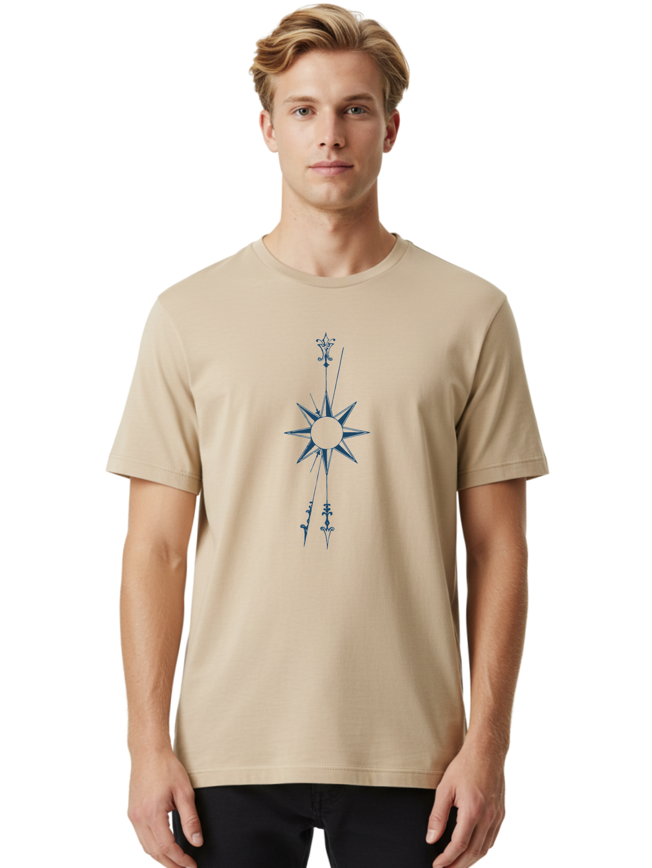 Vertical Compass Rose Men'S Graphic Tee, 100% Cotton, Comfortable Casual Summer Wear, Machine Washable, Stylish Star Emblem, Symmetrical Design, Floral Pattern, Modern Graphics, Abstract Art, Decorative Elements, Minimalist Style Aae771