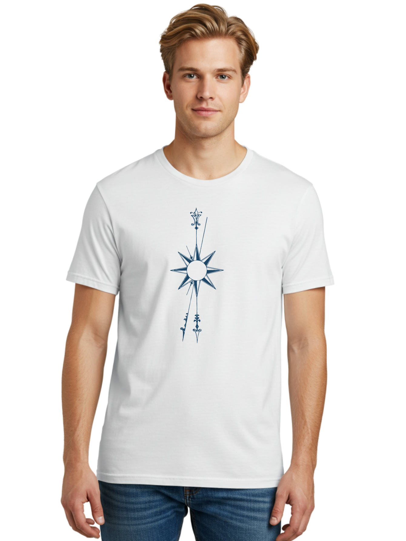 Vertical Compass Rose Men'S Graphic Tee, 100% Cotton, Comfortable Casual Summer Wear, Machine Washable, Stylish Star Emblem, Symmetrical Design, Floral Pattern, Modern Graphics, Abstract Art, Decorative Elements, Minimalist Style Aae771