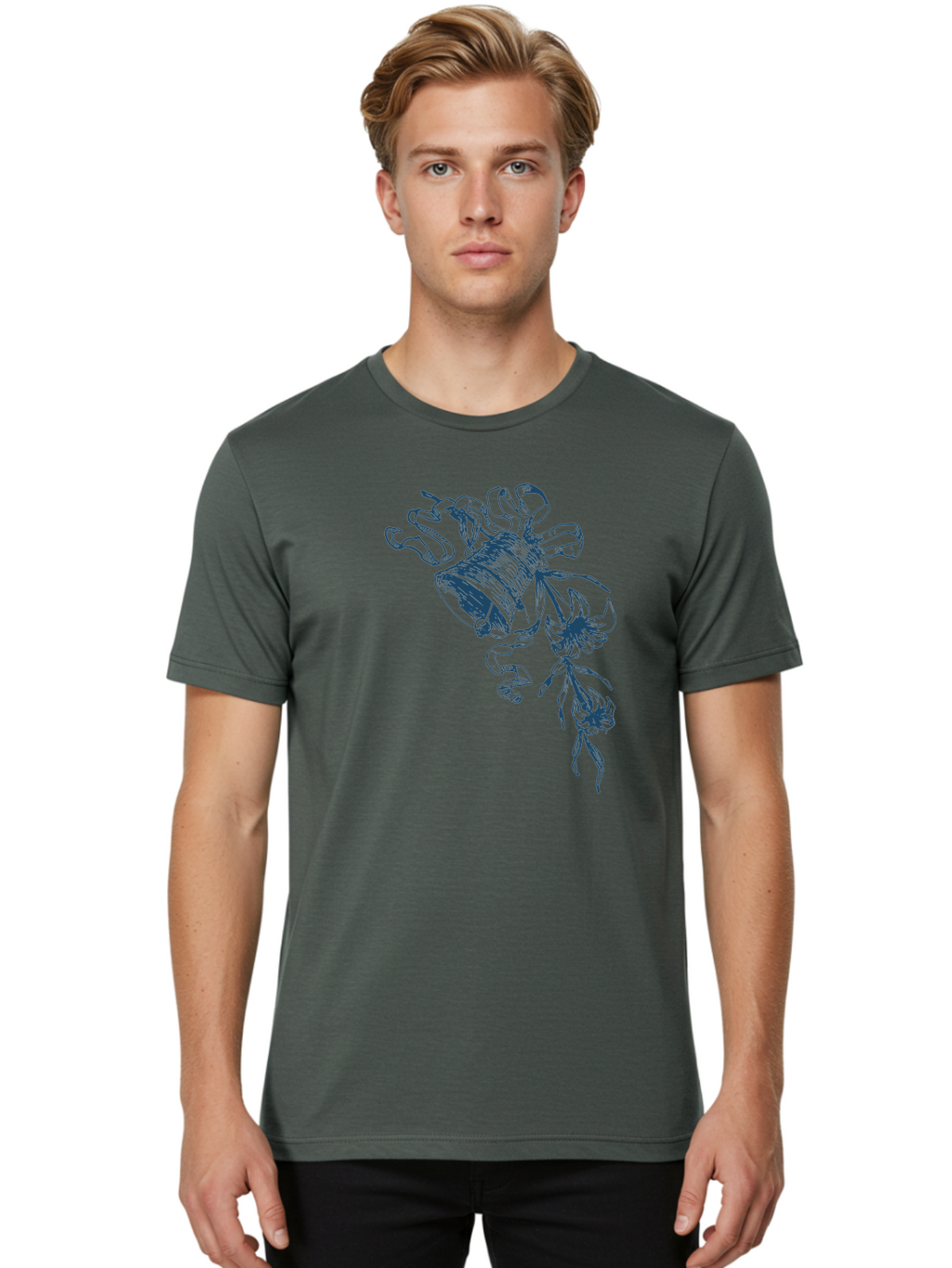 Victorian Bloom Ring Men'S Graphic Tee, 100% Cotton, Comfortable Casual Summer Wear, Machine Washable, Hand-Drawn Illustration, Bell With Flowers, Abstract Design, Floral Motifs, Whimsical Art, Creative Expression, Unique Visuals, Aae772