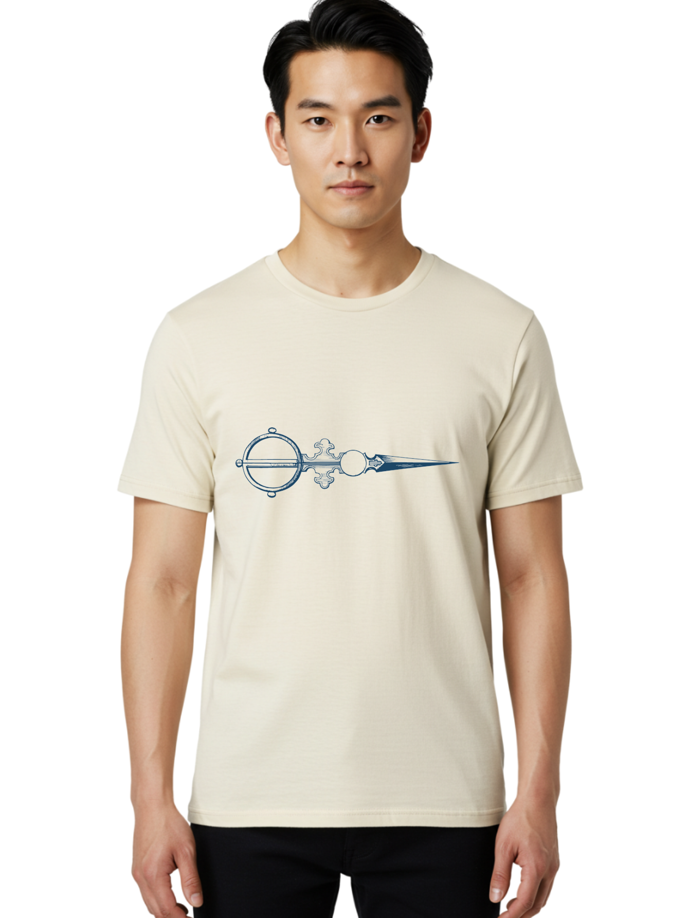Victorian Needlepoint Scissors Men'S Graphic Tee, 100% Cotton, Comfortable Casual Summer Wear, Machine Washable, Stylized Dagger, Circular Symbol, Mystical Emblem, Esoteric Art, Symbolic Imagery, Abstract Design, Fantasy Element, Aae775