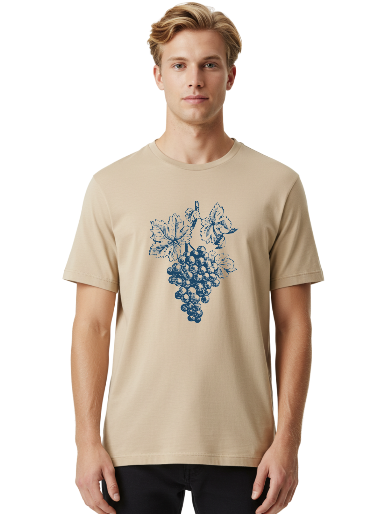 Vine & Soul Men'S Graphic Tee, 100% Cotton, Comfortable Casual Summer Wear, Machine Washable, Bunch Of Grapes, Grapevine Illustration, Wine Grapes, Vineyard Produce, Lush Foliage, Rustic Charm, Autumn Harvest, Dark Blue Ink, Vine Leaves Aae781