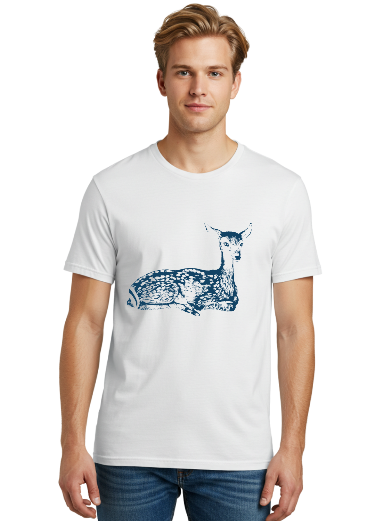 Vintage Bambi Sketch Men'S Graphic Tee, 100% Cotton, Comfortable Casual Summer Wear, Machine Washable, Deer Resting, Spotted Fur, Wildlife Art, Serene Animal, Natural Habitat, Spotted Deer, Animal Illustration, Forest Creature, Aae783