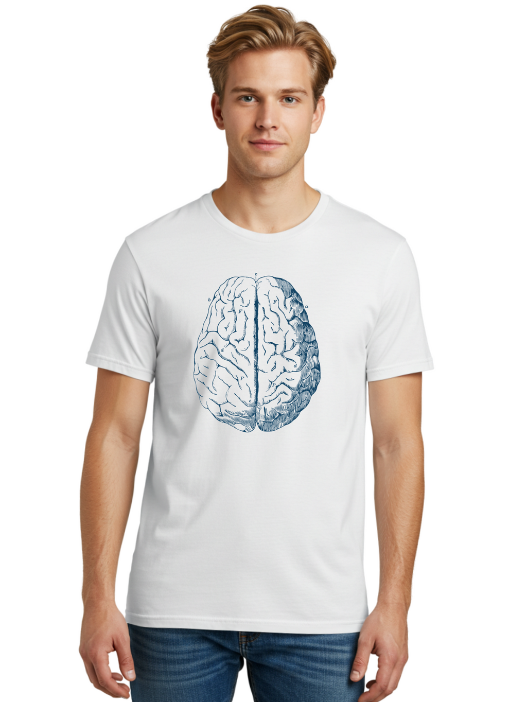 Vintage Brain Diagram Men'S Graphic Tee, 100% Cotton, Comfortable Casual Summer Wear, Machine Washable, Human Brain Illustration, Brain Anatomy, Cerebral Cortex, Neuroscience, Cognitive Function, Brain Structure, Left And Right Hemispheres, Aae786
