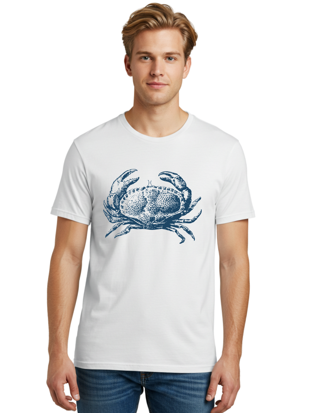 Vintage Coastal Crab Men'S Graphic Tee, 100% Cotton, Comfortable Casual Summer Wear, Machine Washable, Crab Graphic, Crustacean Illustration, Ocean Creature, Blue Crab, Sea Life, Pointillism Art, Detailed Drawing, Marine Animal Aae789
