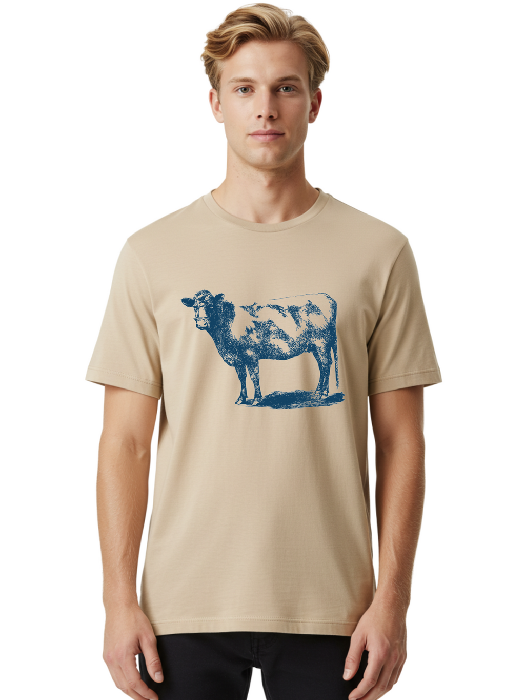 Vintage Farm Cow Men'S Graphic Tee, 100% Cotton, Comfortable Casual Summer Wear, Machine Washable, Illustration Of A Cow, Farm Animal, Livestock, Bovine, Agriculture, Rural Life, Countryside, Simple Art Aae794
