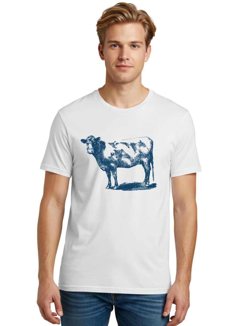 Vintage Farm Cow Men'S Graphic Tee, 100% Cotton, Comfortable Casual Summer Wear, Machine Washable, Illustration Of A Cow, Farm Animal, Livestock, Bovine, Agriculture, Rural Life, Countryside, Simple Art Aae794