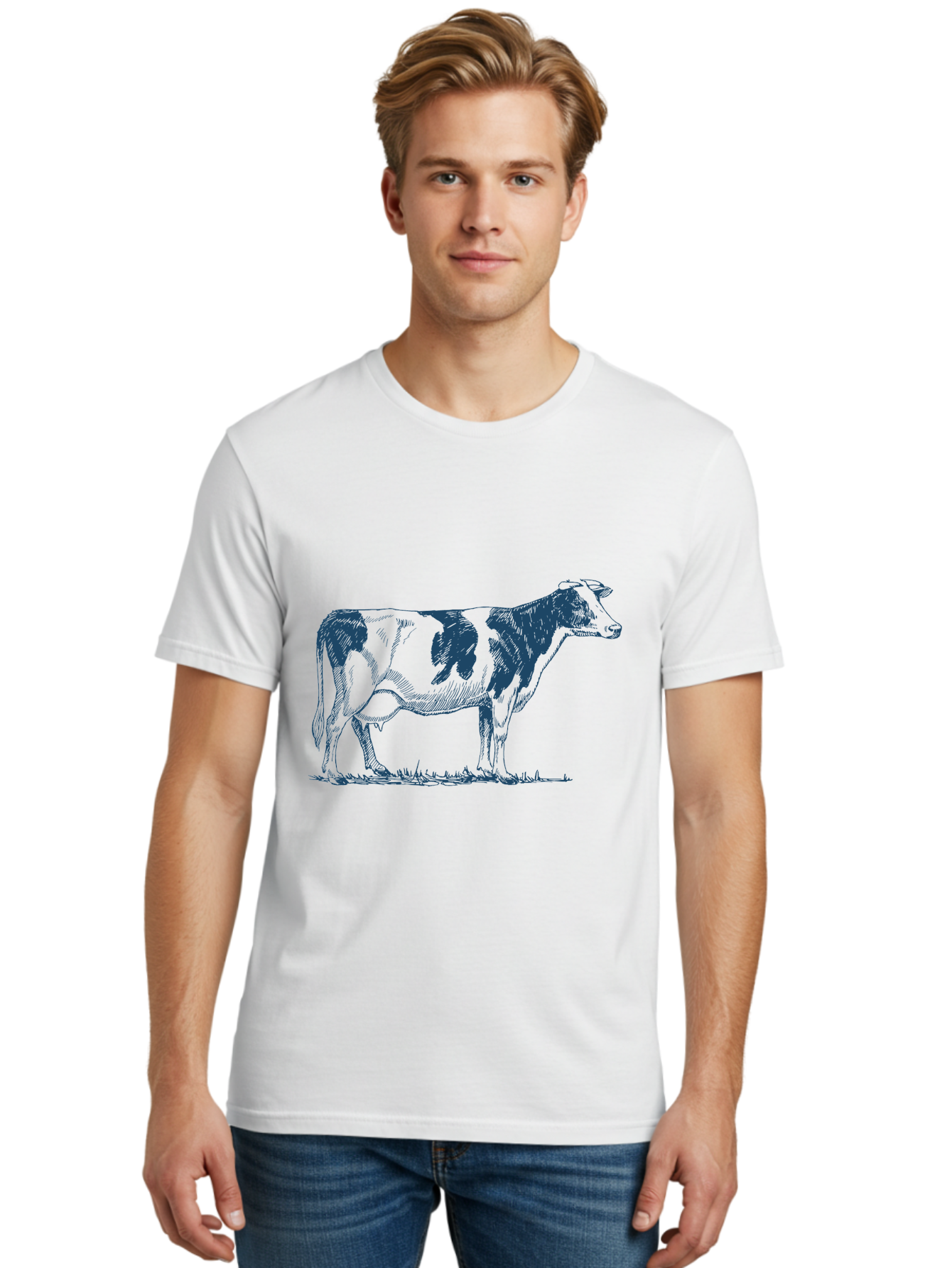 Cow Men'S Graphic Tee, 100% Cotton, Comfortable Casual Summer Wear, Machine Washable, Cow Standing, Rustic Farm Animal, Agricultural Scene, Grazing Livestock, Rural Landscape, Pasture Grass, Farm Life, Domesticated Animal Aae799