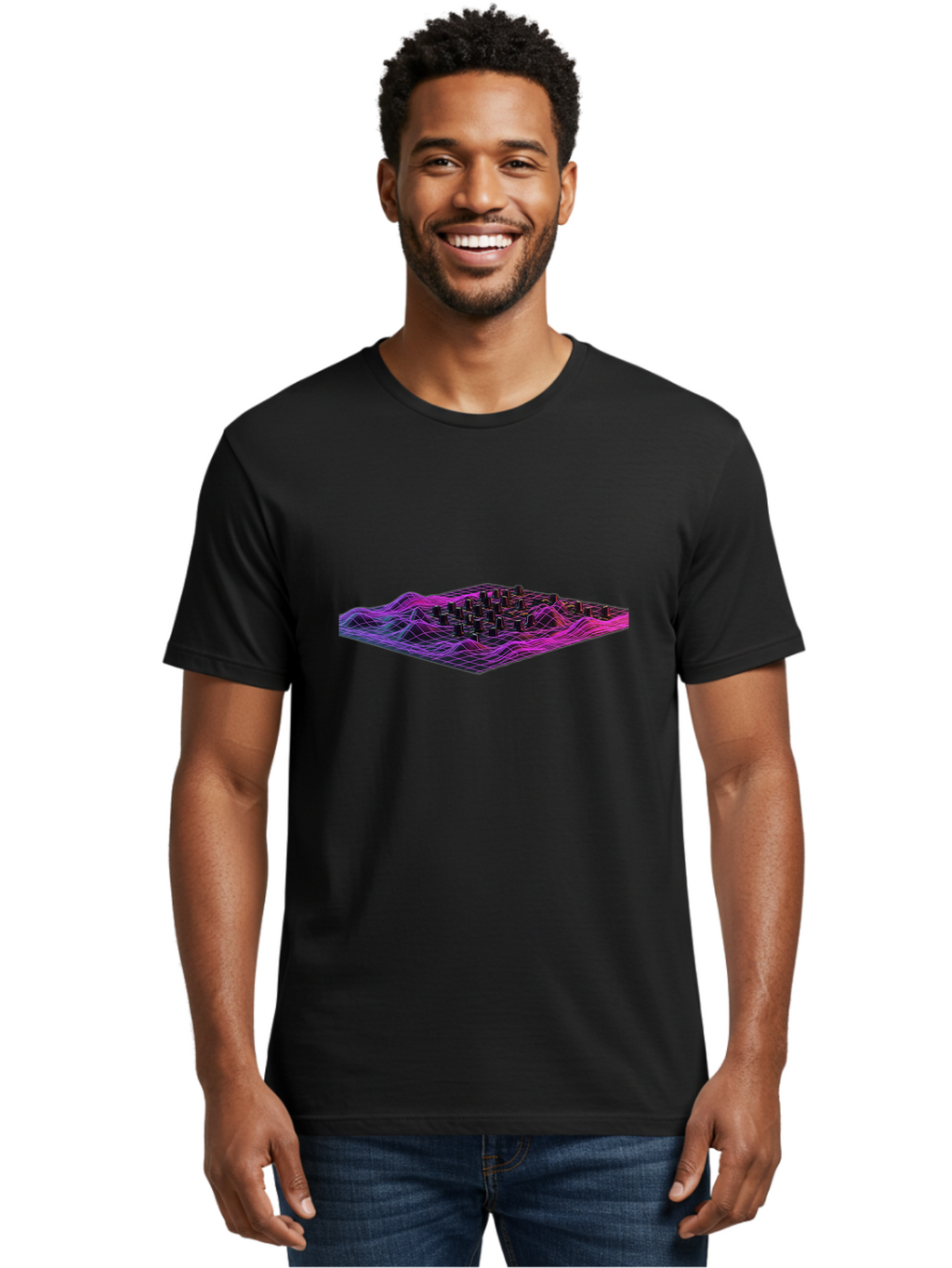 3D-Cityscape-Grid Men'S Graphic Tee, 100% Cotton, Comfortable Casual Summer Wear, Machine Washable, 3D Grid Landscape, Neon Purple And Pink, Futuristic Terrain, Wavy Lines, Grid Pattern, Abstract Geometry, Digital Artwork, Vibrant Colors, Baa000