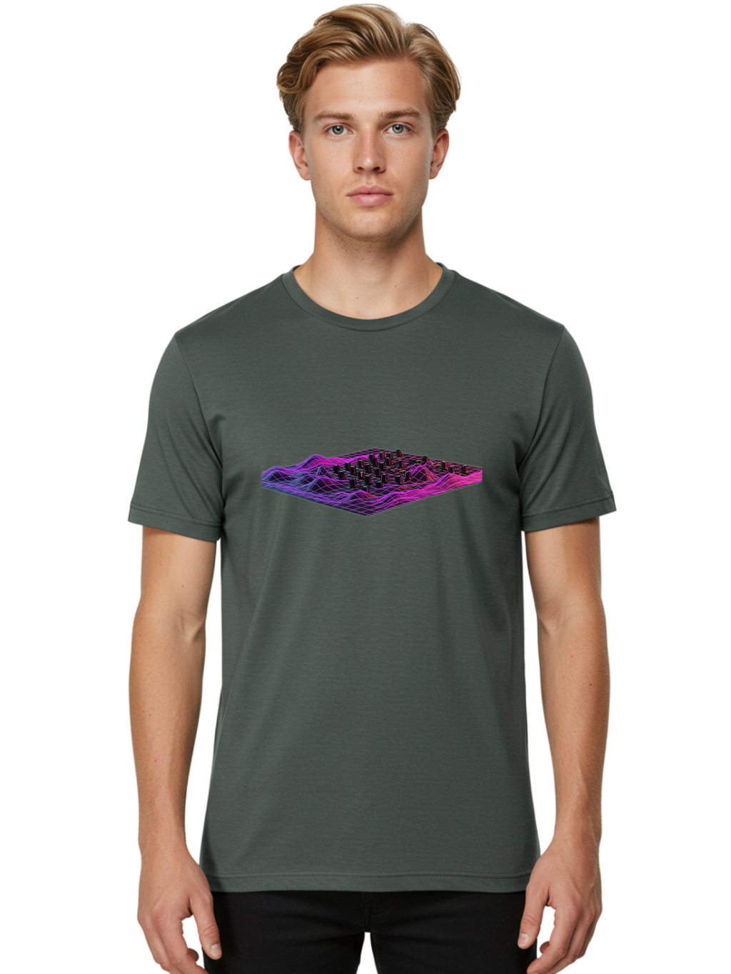 3D-Cityscape-Grid Men'S Graphic Tee, 100% Cotton, Comfortable Casual Summer Wear, Machine Washable, 3D Grid Landscape, Neon Purple And Pink, Futuristic Terrain, Wavy Lines, Grid Pattern, Abstract Geometry, Digital Artwork, Vibrant Colors, Baa000