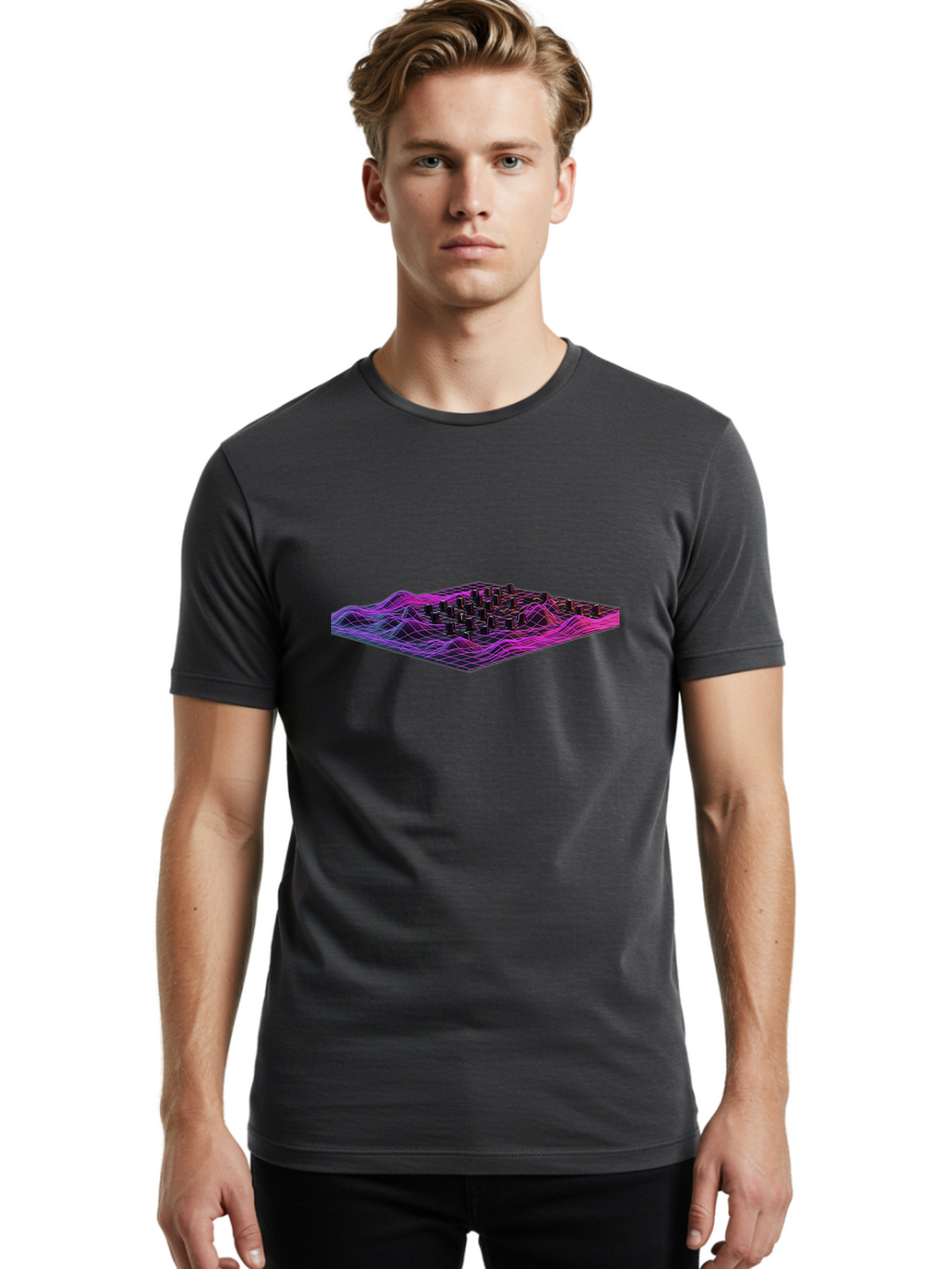 3D-Cityscape-Grid Men'S Graphic Tee, 100% Cotton, Comfortable Casual Summer Wear, Machine Washable, 3D Grid Landscape, Neon Purple And Pink, Futuristic Terrain, Wavy Lines, Grid Pattern, Abstract Geometry, Digital Artwork, Vibrant Colors, Baa000