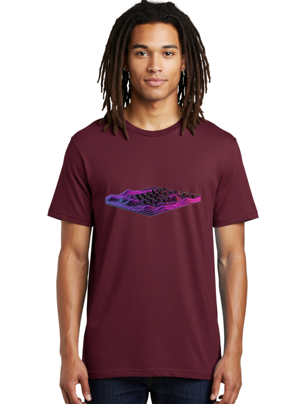 3D-Cityscape-Grid Men'S Graphic Tee, 100% Cotton, Comfortable Casual Summer Wear, Machine Washable, 3D Grid Landscape, Neon Purple And Pink, Futuristic Terrain, Wavy Lines, Grid Pattern, Abstract Geometry, Digital Artwork, Vibrant Colors, Baa000