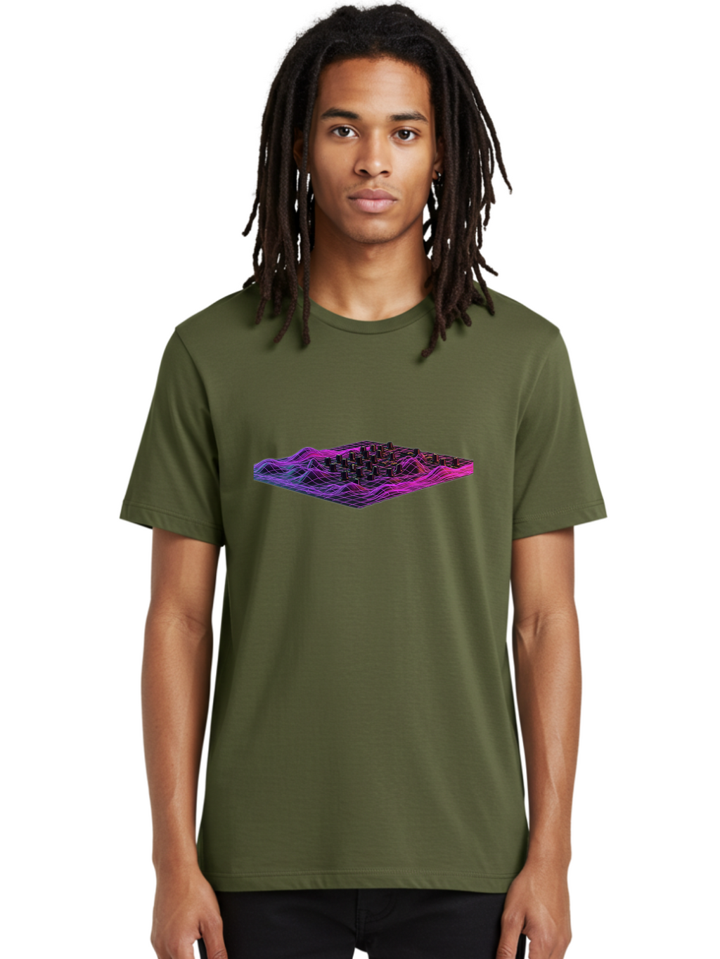 3D-Cityscape-Grid Men'S Graphic Tee, 100% Cotton, Comfortable Casual Summer Wear, Machine Washable, 3D Grid Landscape, Neon Purple And Pink, Futuristic Terrain, Wavy Lines, Grid Pattern, Abstract Geometry, Digital Artwork, Vibrant Colors, Baa000
