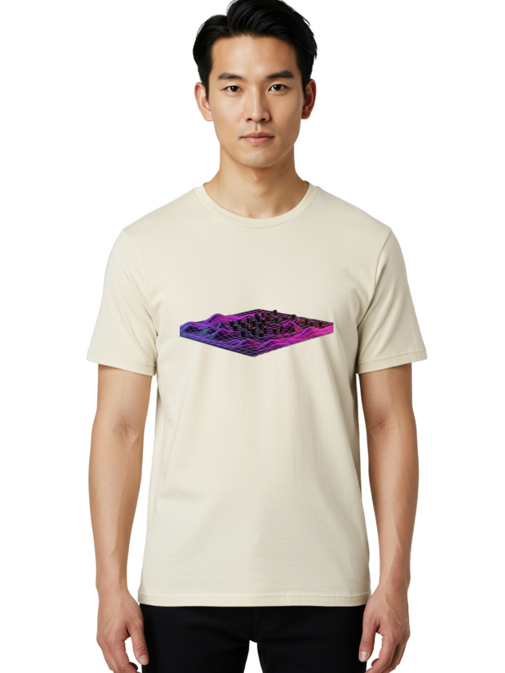 3D-Cityscape-Grid Men'S Graphic Tee, 100% Cotton, Comfortable Casual Summer Wear, Machine Washable, 3D Grid Landscape, Neon Purple And Pink, Futuristic Terrain, Wavy Lines, Grid Pattern, Abstract Geometry, Digital Artwork, Vibrant Colors, Baa000