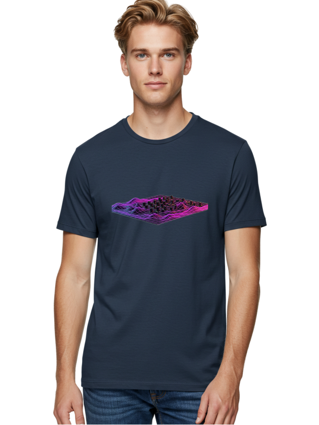 3D-Cityscape-Grid Men'S Graphic Tee, 100% Cotton, Comfortable Casual Summer Wear, Machine Washable, 3D Grid Landscape, Neon Purple And Pink, Futuristic Terrain, Wavy Lines, Grid Pattern, Abstract Geometry, Digital Artwork, Vibrant Colors, Baa000