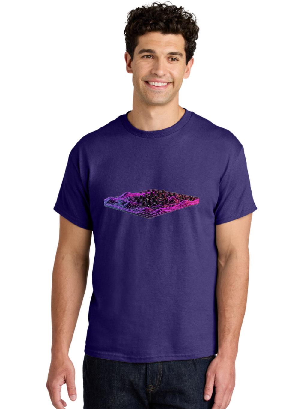 3D-Cityscape-Grid Men'S Graphic Tee, 100% Cotton, Comfortable Casual Summer Wear, Machine Washable, 3D Grid Landscape, Neon Purple And Pink, Futuristic Terrain, Wavy Lines, Grid Pattern, Abstract Geometry, Digital Artwork, Vibrant Colors, Baa000