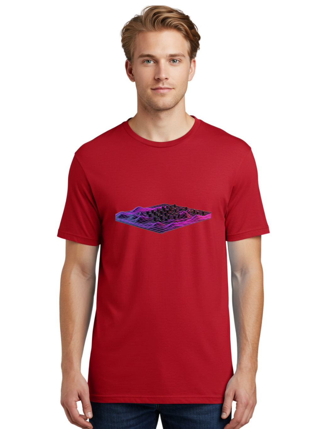 3D-Cityscape-Grid Men'S Graphic Tee, 100% Cotton, Comfortable Casual Summer Wear, Machine Washable, 3D Grid Landscape, Neon Purple And Pink, Futuristic Terrain, Wavy Lines, Grid Pattern, Abstract Geometry, Digital Artwork, Vibrant Colors, Baa000