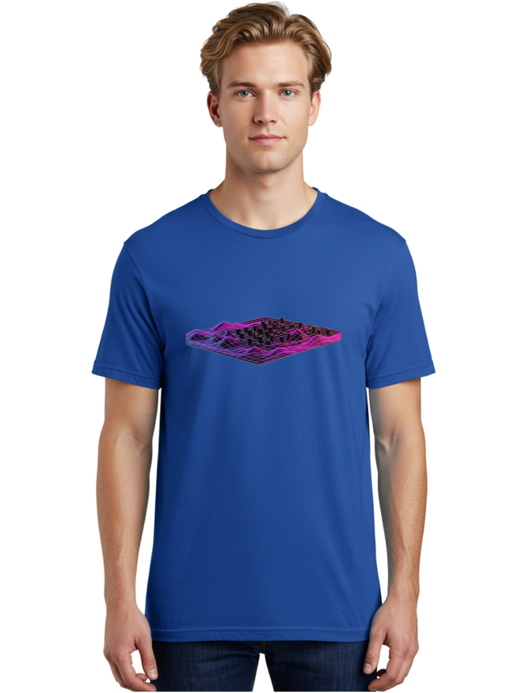 3D-Cityscape-Grid Men'S Graphic Tee, 100% Cotton, Comfortable Casual Summer Wear, Machine Washable, 3D Grid Landscape, Neon Purple And Pink, Futuristic Terrain, Wavy Lines, Grid Pattern, Abstract Geometry, Digital Artwork, Vibrant Colors, Baa000