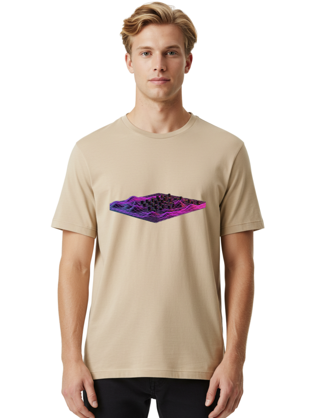 3D-Cityscape-Grid Men'S Graphic Tee, 100% Cotton, Comfortable Casual Summer Wear, Machine Washable, 3D Grid Landscape, Neon Purple And Pink, Futuristic Terrain, Wavy Lines, Grid Pattern, Abstract Geometry, Digital Artwork, Vibrant Colors, Baa000