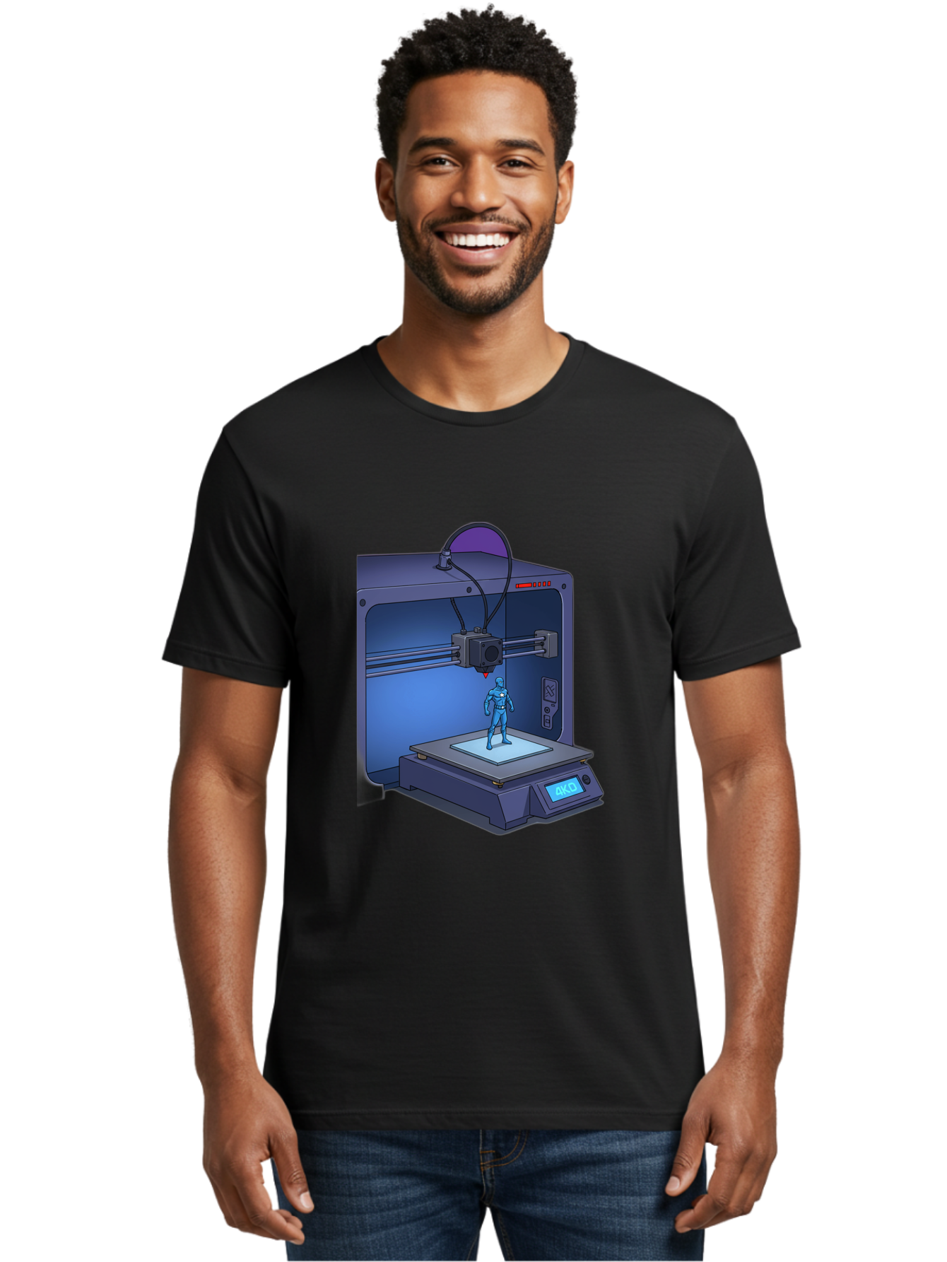 3D-Printer-10 Men'S Graphic Tee, 100% Cotton, Comfortable Casual Summer Wear, Machine Washable, 3D Printing Technology, Futuristic Design, Robotic Figure, Precise Manufacturing, Innovative Machinery, Additive Manufacturing, Ako Baa003