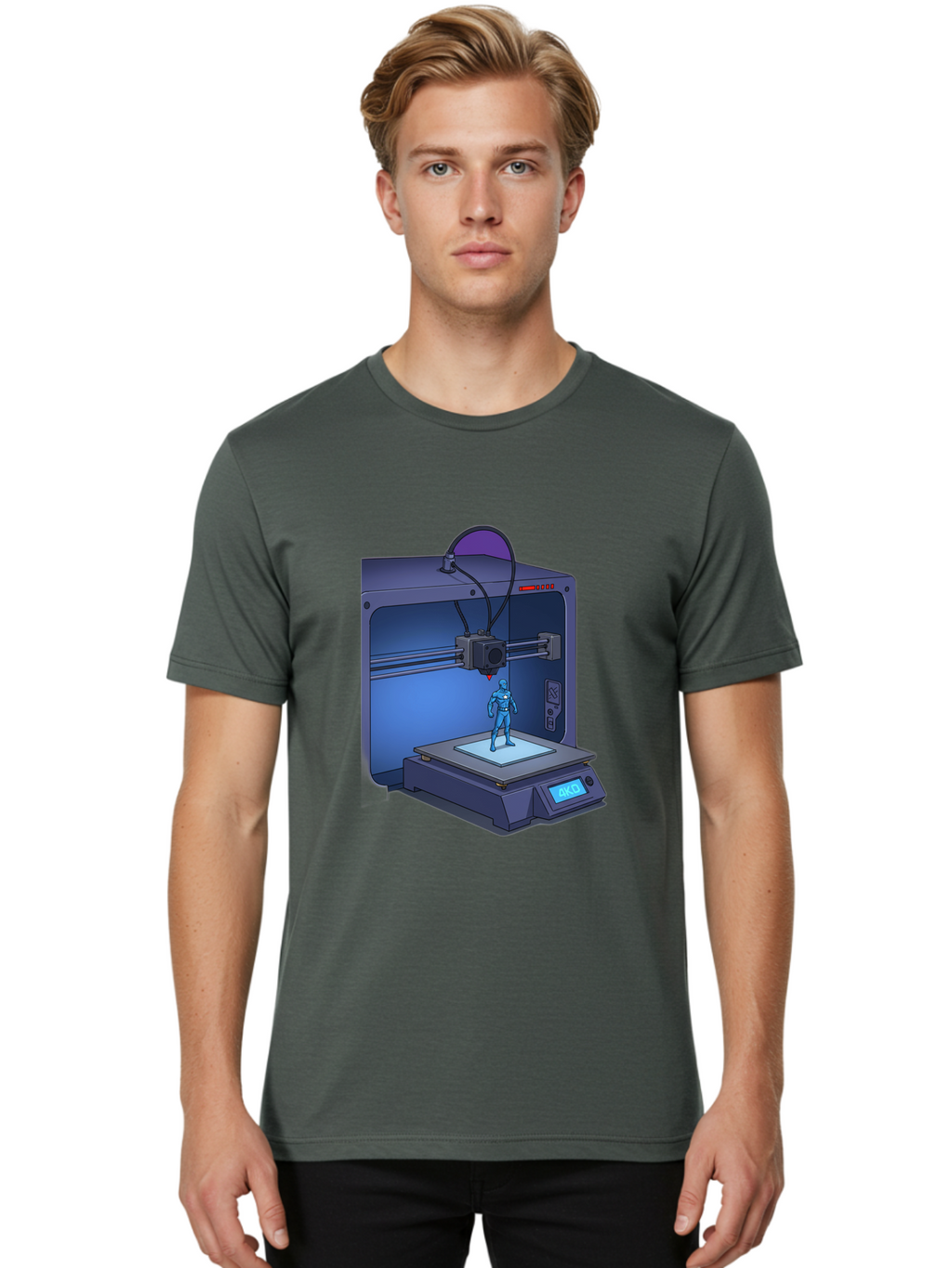 3D-Printer-10 Men'S Graphic Tee, 100% Cotton, Comfortable Casual Summer Wear, Machine Washable, 3D Printing Technology, Futuristic Design, Robotic Figure, Precise Manufacturing, Innovative Machinery, Additive Manufacturing, Ako Baa003