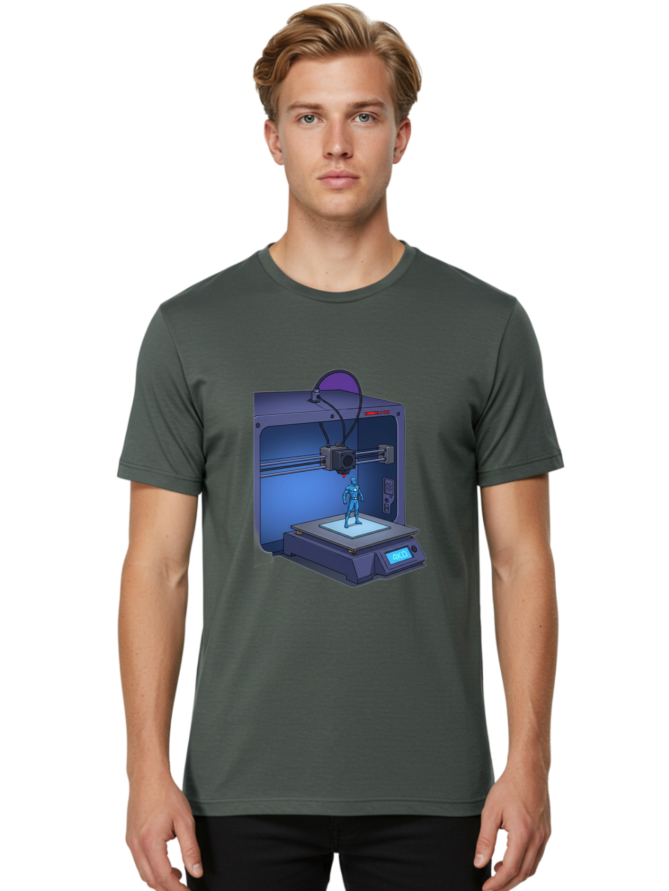 3D-Printer-10 Men'S Graphic Tee, 100% Cotton, Comfortable Casual Summer Wear, Machine Washable, 3D Printing Technology, Futuristic Design, Robotic Figure, Precise Manufacturing, Innovative Machinery, Additive Manufacturing, Ako Baa003