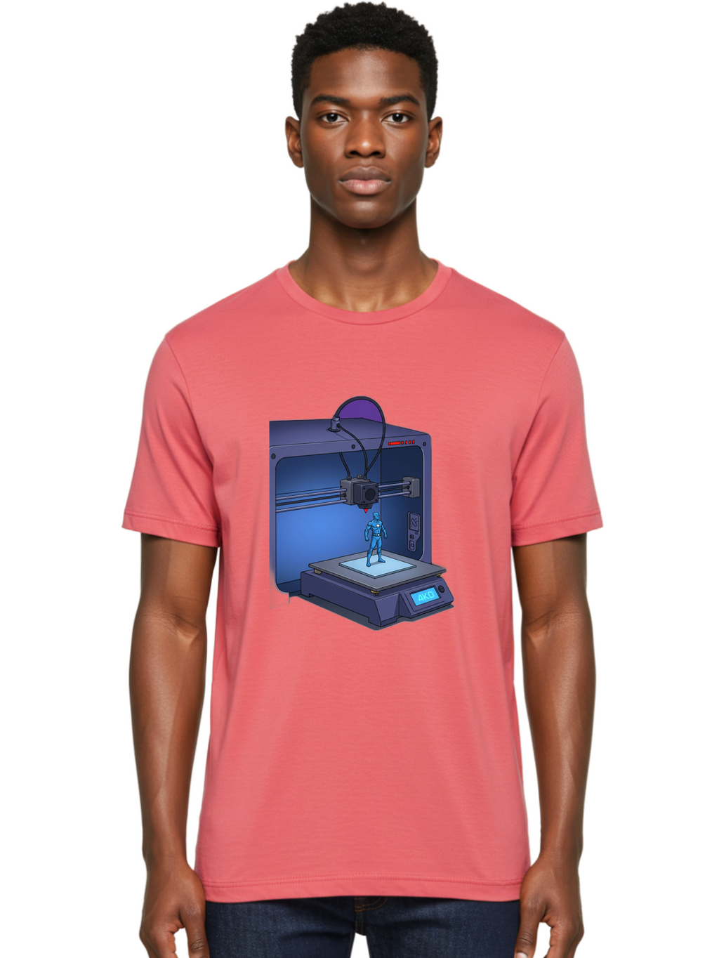 3D-Printer-10 Men'S Graphic Tee, 100% Cotton, Comfortable Casual Summer Wear, Machine Washable, 3D Printing Technology, Futuristic Design, Robotic Figure, Precise Manufacturing, Innovative Machinery, Additive Manufacturing, Ako Baa003