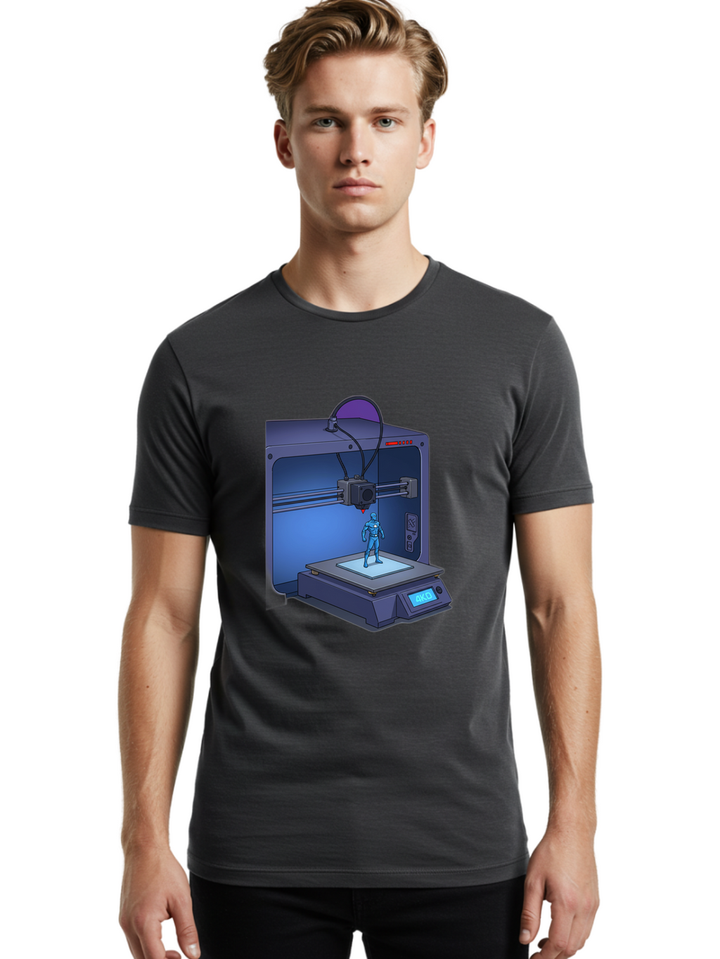 3D-Printer-10 Men'S Graphic Tee, 100% Cotton, Comfortable Casual Summer Wear, Machine Washable, 3D Printing Technology, Futuristic Design, Robotic Figure, Precise Manufacturing, Innovative Machinery, Additive Manufacturing, Ako Baa003