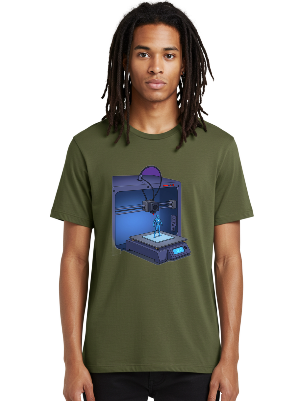 3D-Printer-10 Men'S Graphic Tee, 100% Cotton, Comfortable Casual Summer Wear, Machine Washable, 3D Printing Technology, Futuristic Design, Robotic Figure, Precise Manufacturing, Innovative Machinery, Additive Manufacturing, Ako Baa003