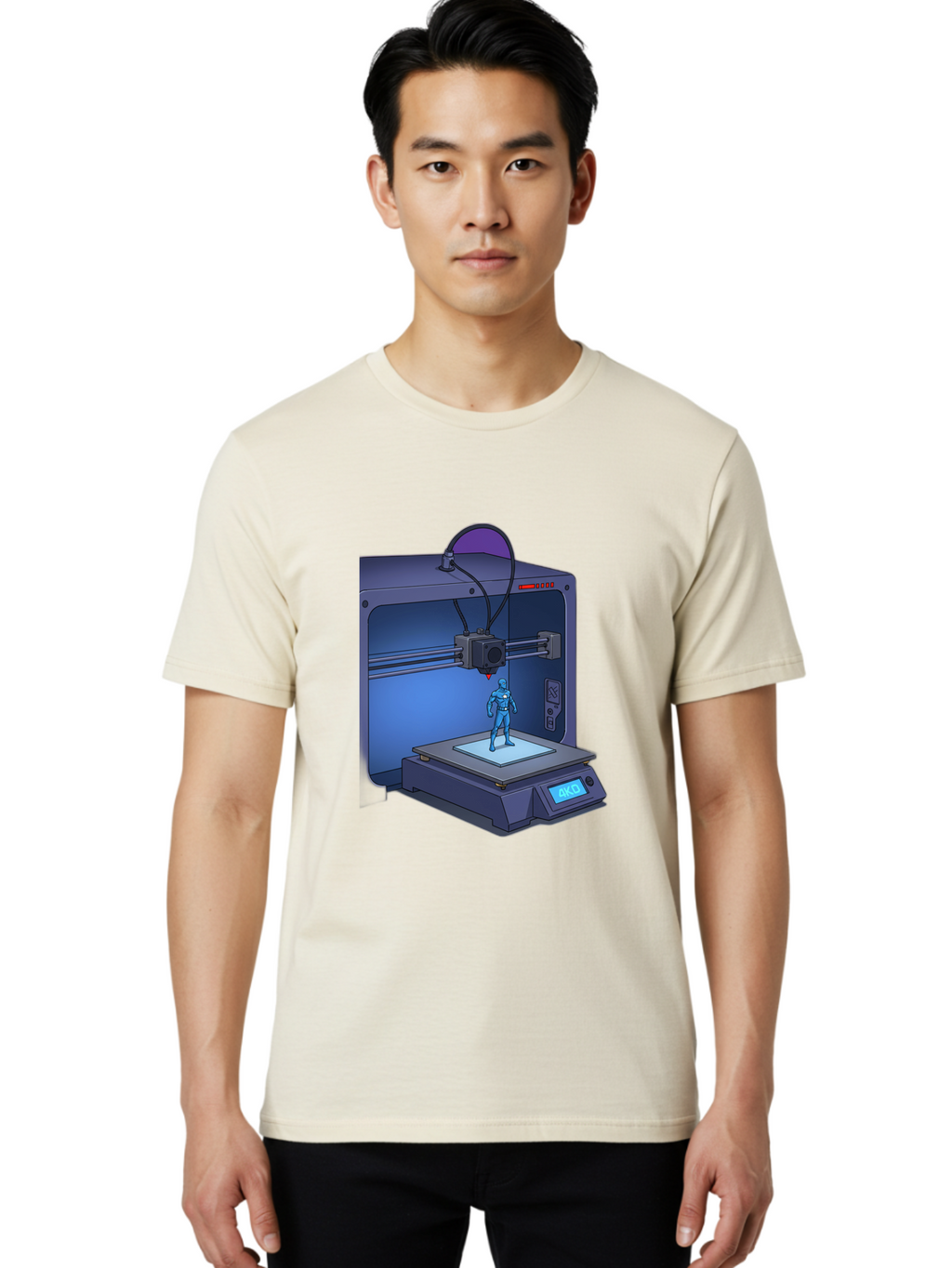 3D-Printer-10 Men'S Graphic Tee, 100% Cotton, Comfortable Casual Summer Wear, Machine Washable, 3D Printing Technology, Futuristic Design, Robotic Figure, Precise Manufacturing, Innovative Machinery, Additive Manufacturing, Ako Baa003