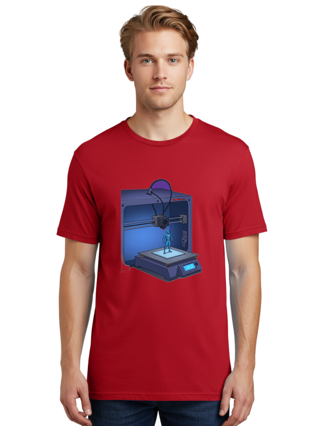 3D-Printer-10 Men'S Graphic Tee, 100% Cotton, Comfortable Casual Summer Wear, Machine Washable, 3D Printing Technology, Futuristic Design, Robotic Figure, Precise Manufacturing, Innovative Machinery, Additive Manufacturing, Ako Baa003