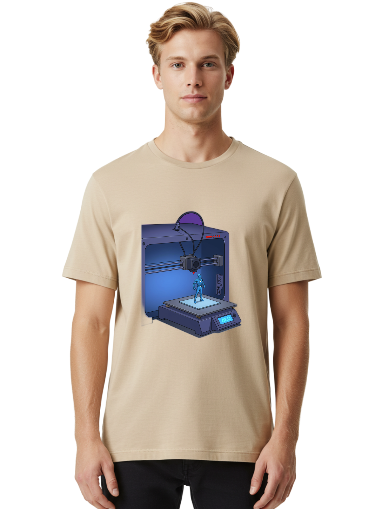 3D-Printer-10 Men'S Graphic Tee, 100% Cotton, Comfortable Casual Summer Wear, Machine Washable, 3D Printing Technology, Futuristic Design, Robotic Figure, Precise Manufacturing, Innovative Machinery, Additive Manufacturing, Ako Baa003