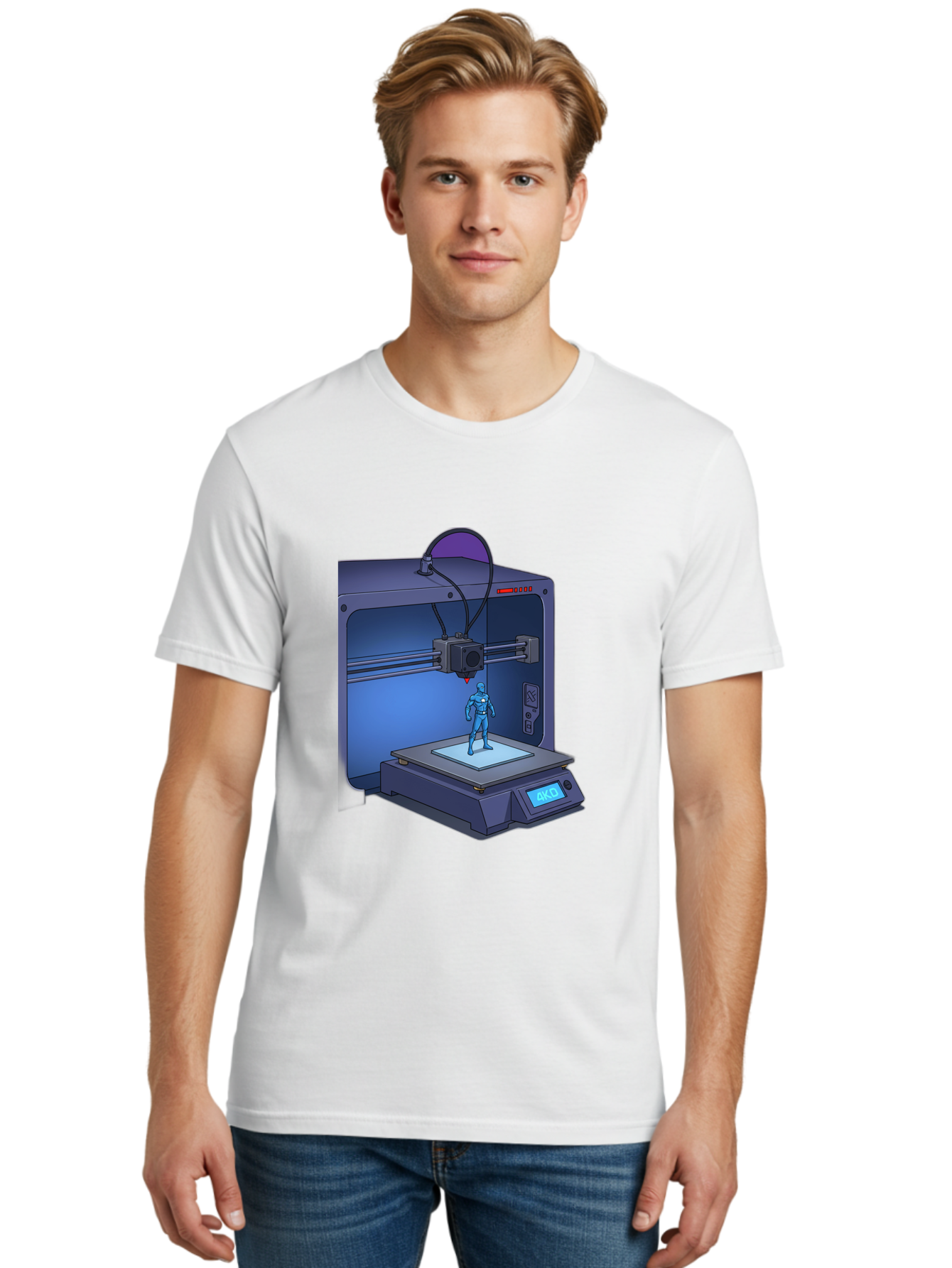 3D-Printer-10 Men'S Graphic Tee, 100% Cotton, Comfortable Casual Summer Wear, Machine Washable, 3D Printing Technology, Futuristic Design, Robotic Figure, Precise Manufacturing, Innovative Machinery, Additive Manufacturing, Ako Baa003