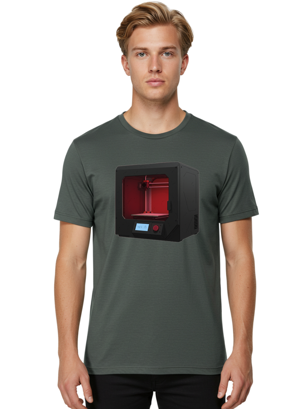 3D-Printer-12 Men'S Graphic Tee, 100% Cotton, Comfortable Casual Summer Wear, Machine Washable, 3D Printing Technology, Additive Manufacturing, Red Lit Interior, Digital Display, Control Panel, Futuristic Design, Precision Engineering, Baa005