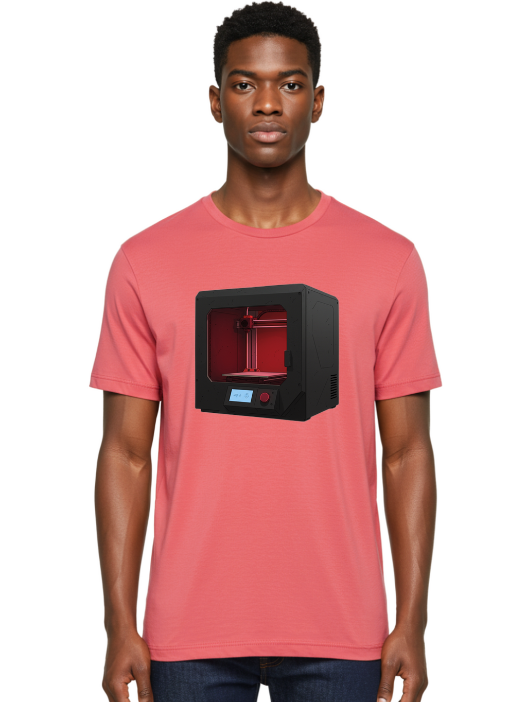 3D-Printer-12 Men'S Graphic Tee, 100% Cotton, Comfortable Casual Summer Wear, Machine Washable, 3D Printing Technology, Additive Manufacturing, Red Lit Interior, Digital Display, Control Panel, Futuristic Design, Precision Engineering, Baa005