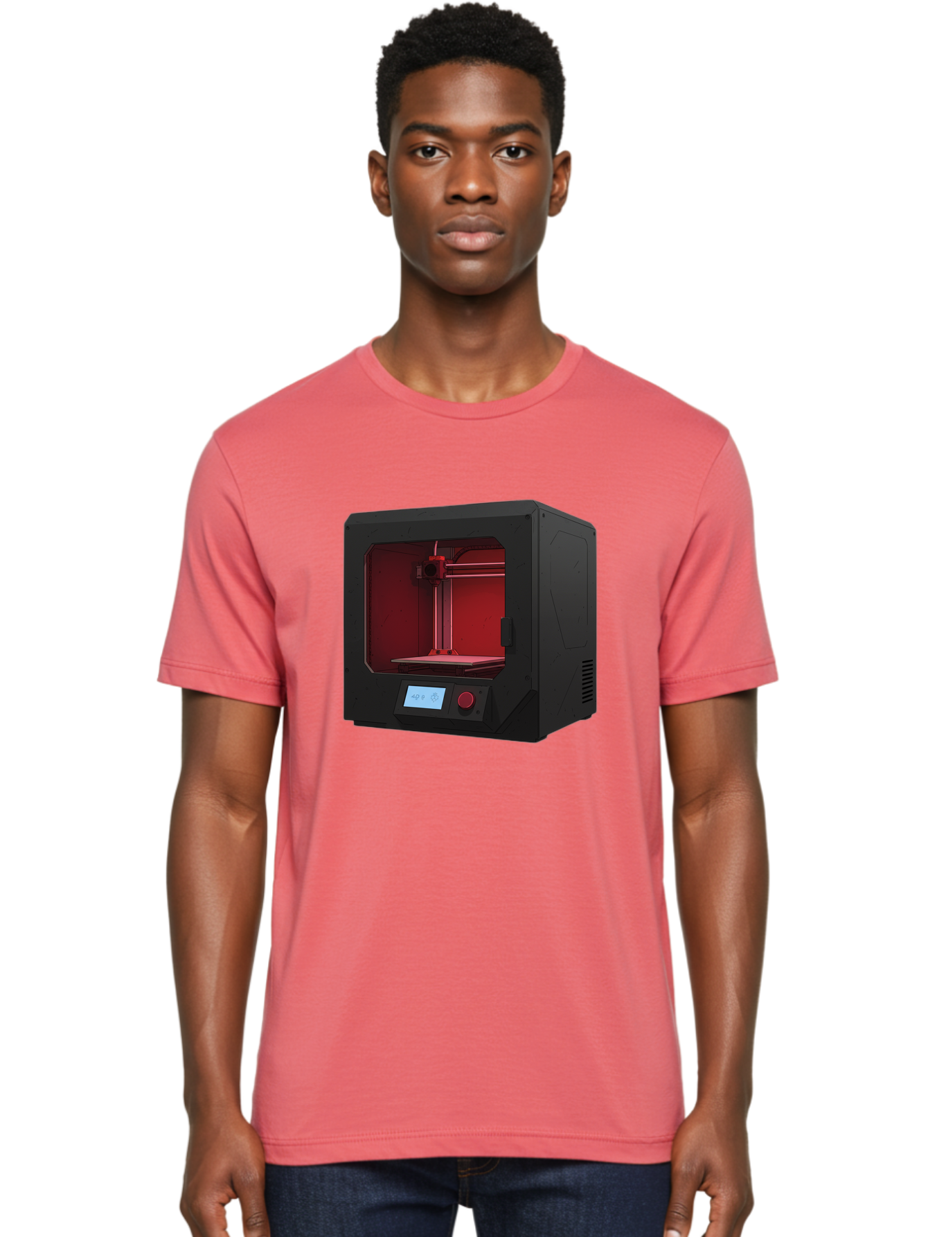 3D-Printer-12 Men'S Graphic Tee, 100% Cotton, Comfortable Casual Summer Wear, Machine Washable, 3D Printing Technology, Additive Manufacturing, Red Lit Interior, Digital Display, Control Panel, Futuristic Design, Precision Engineering, Baa005