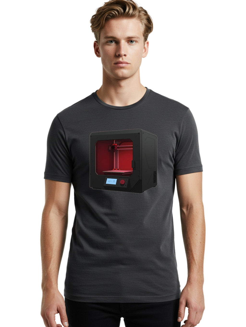 3D-Printer-12 Men'S Graphic Tee, 100% Cotton, Comfortable Casual Summer Wear, Machine Washable, 3D Printing Technology, Additive Manufacturing, Red Lit Interior, Digital Display, Control Panel, Futuristic Design, Precision Engineering, Baa005
