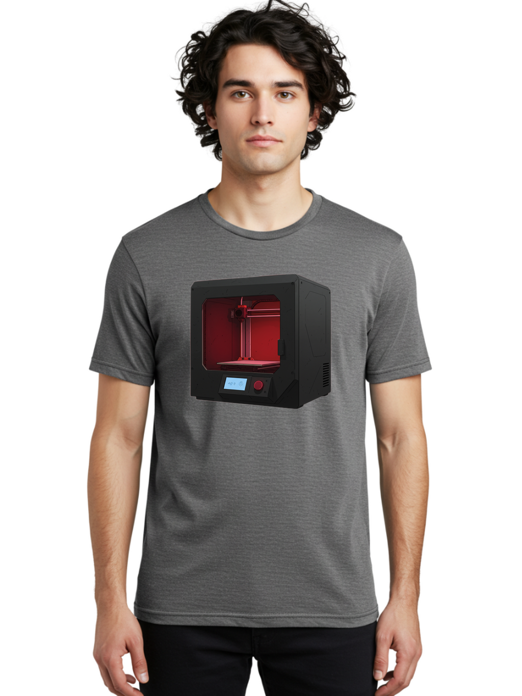 3D-Printer-12 Men'S Graphic Tee, 100% Cotton, Comfortable Casual Summer Wear, Machine Washable, 3D Printing Technology, Additive Manufacturing, Red Lit Interior, Digital Display, Control Panel, Futuristic Design, Precision Engineering, Baa005