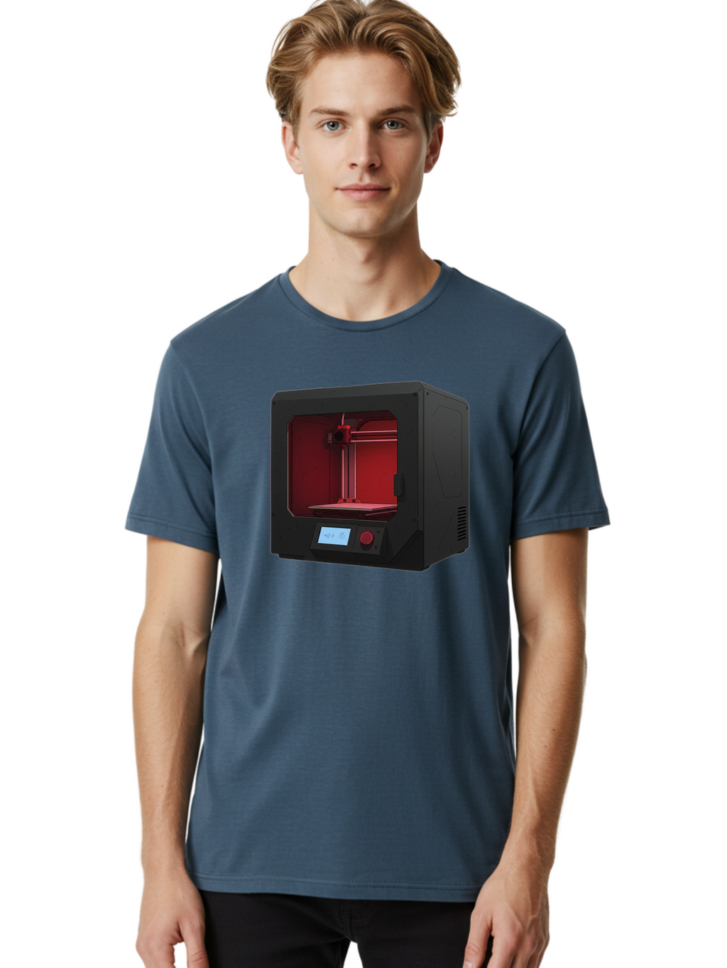 3D-Printer-12 Men'S Graphic Tee, 100% Cotton, Comfortable Casual Summer Wear, Machine Washable, 3D Printing Technology, Additive Manufacturing, Red Lit Interior, Digital Display, Control Panel, Futuristic Design, Precision Engineering, Baa005