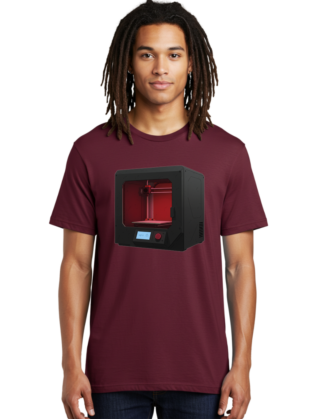 3D-Printer-12 Men'S Graphic Tee, 100% Cotton, Comfortable Casual Summer Wear, Machine Washable, 3D Printing Technology, Additive Manufacturing, Red Lit Interior, Digital Display, Control Panel, Futuristic Design, Precision Engineering, Baa005