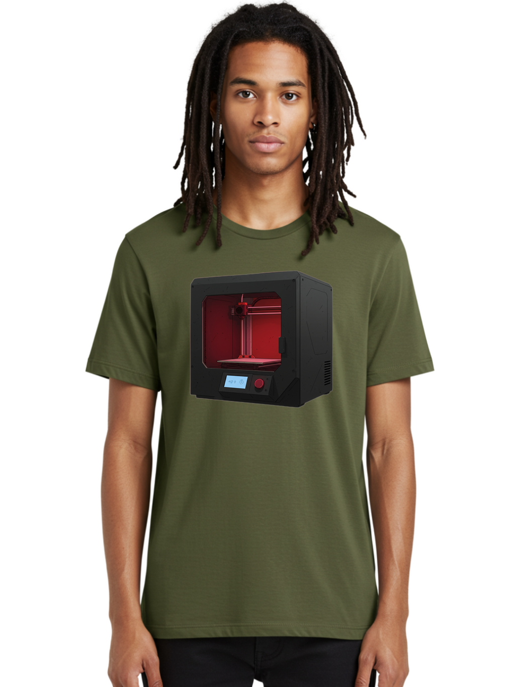 3D-Printer-12 Men'S Graphic Tee, 100% Cotton, Comfortable Casual Summer Wear, Machine Washable, 3D Printing Technology, Additive Manufacturing, Red Lit Interior, Digital Display, Control Panel, Futuristic Design, Precision Engineering, Baa005