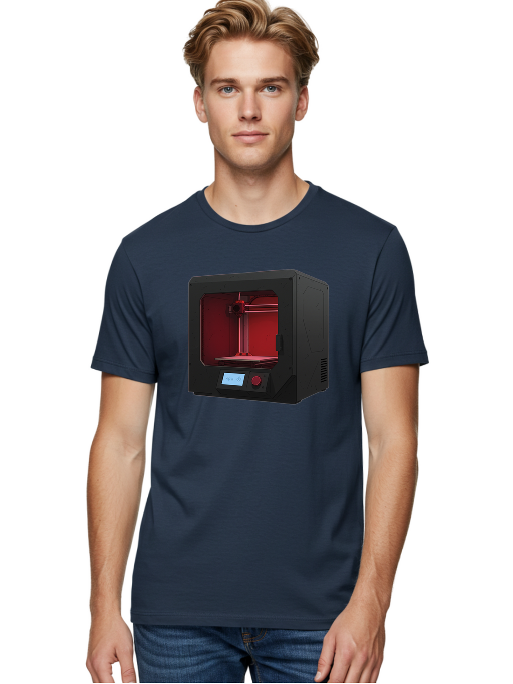 3D-Printer-12 Men'S Graphic Tee, 100% Cotton, Comfortable Casual Summer Wear, Machine Washable, 3D Printing Technology, Additive Manufacturing, Red Lit Interior, Digital Display, Control Panel, Futuristic Design, Precision Engineering, Baa005