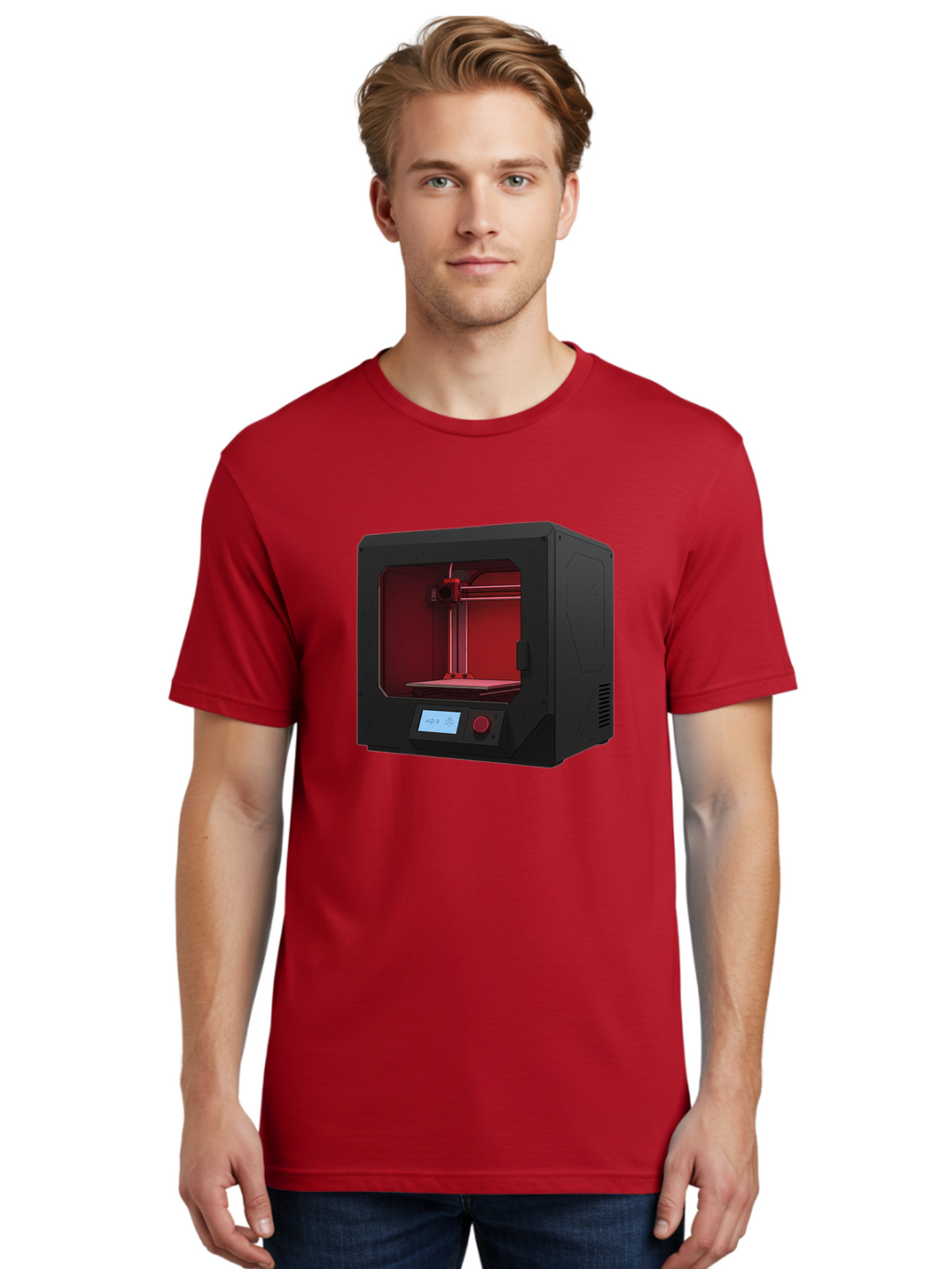 3D-Printer-12 Men'S Graphic Tee, 100% Cotton, Comfortable Casual Summer Wear, Machine Washable, 3D Printing Technology, Additive Manufacturing, Red Lit Interior, Digital Display, Control Panel, Futuristic Design, Precision Engineering, Baa005